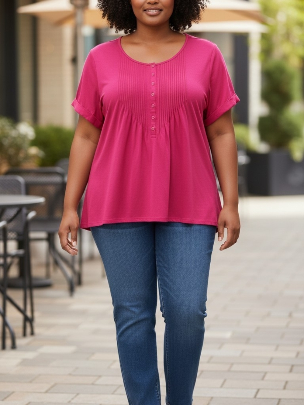 New Woman Within Pintuck Button-Front Short Sleeve Top - Fuchsia Size 1X